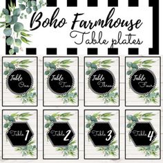 the table numbers for boho farmhousee tables are shown in black and white stripes