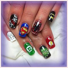 Geek Nails, Comic Nail Art, Dc Vs Marvel, Avengers Nails, Summer Nails Acrylic, Marvel Nails, Dc Justice League, Cartoon Nails