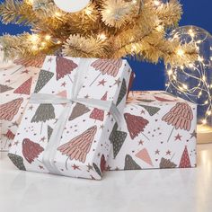 two wrapped presents under a christmas tree with lights on the branches in front of it