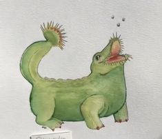 a drawing of a green dinosaur with spikes on its head and tail, standing in front of a white wall