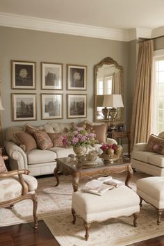 a living room filled with furniture and pictures on the wall