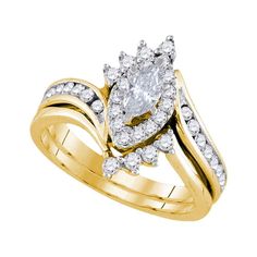 a yellow gold wedding ring set with a pear shaped diamond center and two rows of diamonds on the band