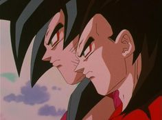 two anime characters staring at each other with red eyes and black hair in the background