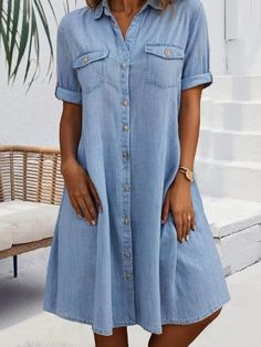 Casual Buckle Loose Shirt Collar Denim Short Dress Denim Shirt Dress Women, Shirt Dresses For Women, Shirt Dress Women, Denim Short Dresses, Short Sleeve Shirt Women, Cotton Blends Dress, Denim Shirt Dress, London Dresses, Short Dresses Casual