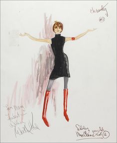 a drawing of a woman in black dress and red boots with her arms spread out