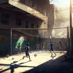 a group of kids playing soccer in an alleyway with the sun shining on them