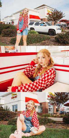 a woman sitting on top of a bench next to a red and white checkered jacket