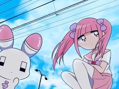 two anime characters sitting next to each other in the air with power lines above them