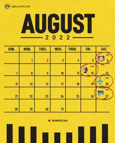 a yellow calendar with the words august on it