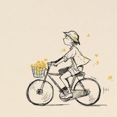 a drawing of a person riding a bike with flowers in the basket on the front