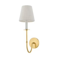 a wall light with a white fabric shade on the side and a gold finish arm