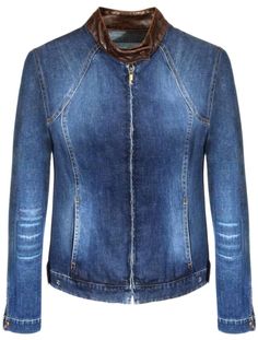 Women's blue denim jacket with scuff effect. Brown collar. Blue Denim Jacket, Leather Jackets, Denim Button Up, Clothing Store, Blue Denim, Button Up Shirts