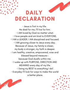 a poem written in red and white with the words daily declaration