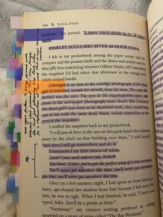 an open book with writing on it and some colored papers attached to the pages that have been altered