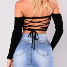 3 For 10$ Any Items 10$ And Under Are 3 For 10$ Nwt Choies Size Medium Black Crop Top Long Sleeve Off The Shoulder Tie Back Stretchy Ribbed Mesh Tops, Backless Crop Top, Black Off Shoulder, Cropped Blouse, Rock Chic, Knitted Tops, Swimsuits High Waisted, 2017 Fashion, Lace Crop Tops