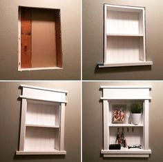 four different pictures of the inside of a shelf