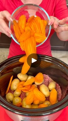 a woman is pouring vegetables into a slow cooker to make pasta in the crock pot