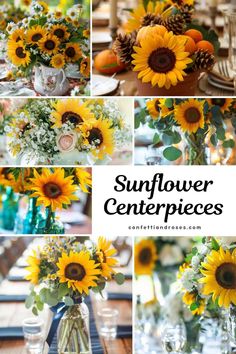 sunflower centerpieces are arranged in vases