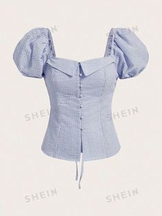 SHEINNeu Striped Puff Sleeve Button Front Blouse | SHEIN USA Causal Chic Outfits, Blouse Korean Style, Female Clothes Outfits, Clo 3d, Boyish Outfits, Korean Blouse, Women Blouses Fashion