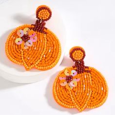 New Allergy And Nickel Free Hypoallergenic 2.25” Long 2” Wide Beaded Pumpkin, Earrings Handmade Beaded, Fall Bead, Handmade Beaded Earrings, Earrings Halloween, Handmade Earrings Beaded, Rice Bead, Pumpkin Head, Beaded Drop Earrings