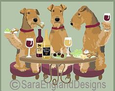 three dogs sitting at a table with wine and food