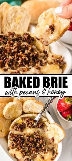 baked brie with pecans and honey served in white bowls