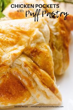 chicken pockets with puff pastry on a white plate and broccoli in the background