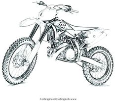 a drawing of a dirt bike in black and white, with the front tire missing