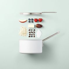 an assortment of food is displayed on a blue background with spoons and utensils