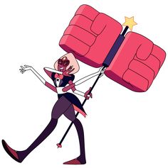 a woman carrying a giant pink couch on her back with one arm in the air