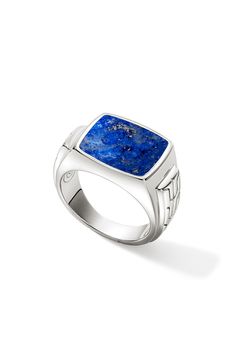 Glimmering lapis lazuli contrasts with sterling silver in a signet ring handcrafted with signature engraving. Sterling silver/lapis lazuli Imported John Hardy Rings, Stone Rings For Men, Silver Signet Ring, Lapis Lazuli Stone, John Hardy, Sterling Silver Mens, Signet Ring, Sterling Ring, Lapis Lazuli