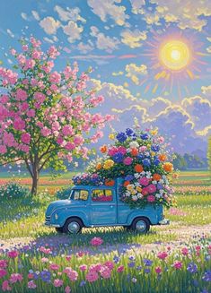 a painting of a blue truck with flowers in the back