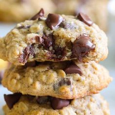 chocolate chip cookies stacked on top of each other