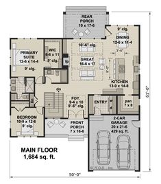 the main floor plan for a home with two car garages and an attached living area