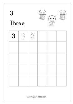 the number three worksheet for children to practice numbers 3 - 5 with pictures of jellyfishs