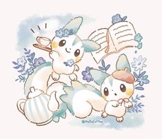 two cute little animals sitting next to each other on top of a white sheet with blue flowers