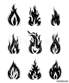 black and white fire flames icons set