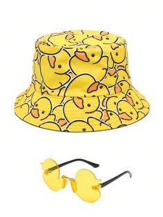 2pcs/Set Teen Casual Cute Style Yellow Duck Bucket Hat And Fashionable Sunglasses Set, Suitable For Daily Outings, Outdoor Beach Vacations, Sun Shading And Sun Protection Multicolor Cute   Polyester  Bucket Hat   Kids Accessories, size features are:Bust: ,Length: ,Sleeve Length: Duck Bucket Hat, Cow Bucket Hat, Patchwork Bucket Hat, Reflective Sunglasses, Fashionable Sunglasses, Yellow Accessories, Holiday Hats, Mens Bucket Hats, Outdoor Sun Shade