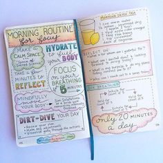 an open notebook with instructions on how to drink and what to do in the morning