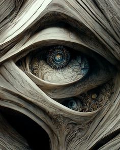 an eye is shown in the center of a piece of wood that has been carved into it