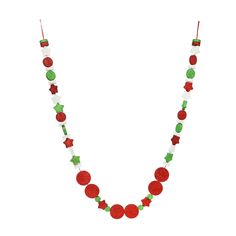 a red, green and white beaded necklace with christmas decorations on the beads is shown