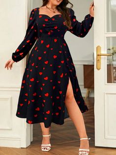 Black Casual,Elegant Collar Long Sleeve Fabric Heart,Fruit&Vegetable,All Over Print A Line Embellished Non-Stretch  Women Plus Clothing Plus Size Formal Dresses With Sleeves Shein, Heart Fruit, Plus Size Baddie Outfits, Casual Chic Outfits, Heart Print Dress, Formal Dresses With Sleeves, Fashion Book