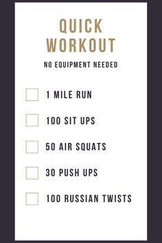 a printable workout sheet with the words, quick workout no equipment needed