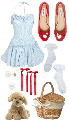 a woman's clothes and accessories including shoes, socks, purses, and a teddy bear