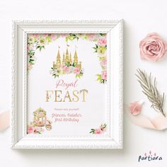 a pink and gold princess castle birthday party sign with flowers on the table next to it