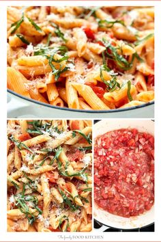 three different pictures of pasta with sauce and herbs