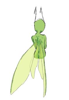 a drawing of a green insect with long legs