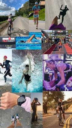 the collage shows many different people running, riding bikes and swimming in the water