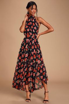 Dresses for Women | Best Women's Dresses Online Floral Print Chiffon Dress, High Low Maxi Dress, Tiered Maxi Skirt, Elegant Maxi Dress, Floral Print Chiffon, Halter Maxi Dress, Dress Chiffon, Halter Maxi, Black Floral Print