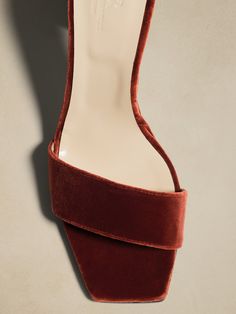 An indulgent twist on the season's square-toe silhouettes, this minimalist heel delights with indulgent allure, luxurious velvet, and exquisite craftsmanship.  Velvet uppers, leather lining and leather soles.  Sculpted block heel, square toe.  Ankle Velvet Sandals, Block Heels, Ankle Strap, Banana Republic, Rust, Twist, In Italy, Buckle, Velvet